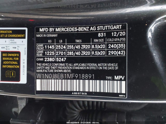 Aukcja sprzedaży 2021 Mercedes-benz Glc 300 4matic Coupe, vin: W1N0J8EB1MF918891, numer aukcji: 44205919