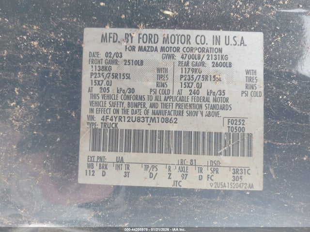 Aukcja sprzedaży 2003 Mazda B3000 Ds, vin: 4F4YR12U83TM10862, numer aukcji: 44205975