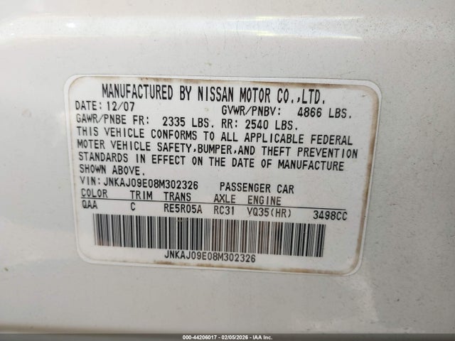 Aukcja sprzedaży 2008 Infiniti Ex35 Journey, vin: JNKAJ09E08M302326, numer aukcji: 44206017