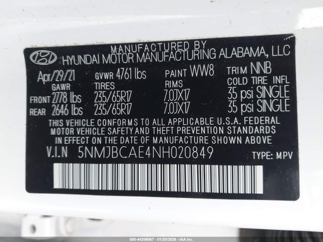 5NMJBCAE4NH020849 Hyundai TUCSON SEL