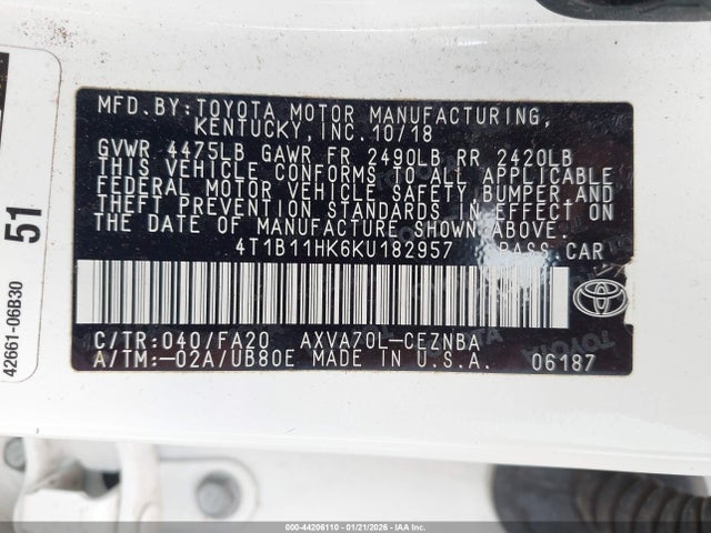 4T1B11HK6KU182957 Toyota CAMRY LE