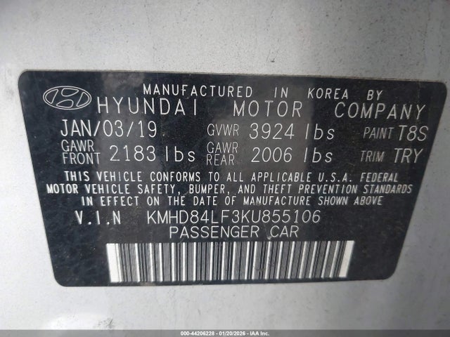 KMHD84LF3KU855106 Hyundai ELANTRA SEL
