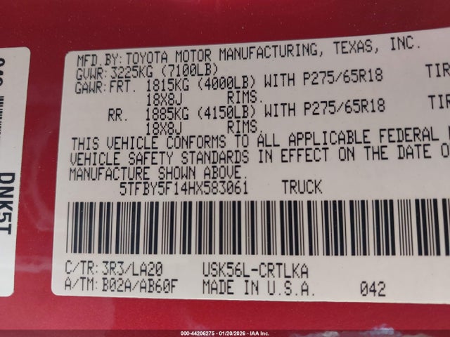 5TFBY5F14HX583061 Toyota Tundra Limited 5.7l V8