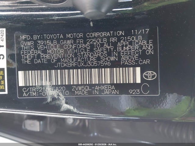 JTDKBRFUXJ3057596 Toyota Prius Two