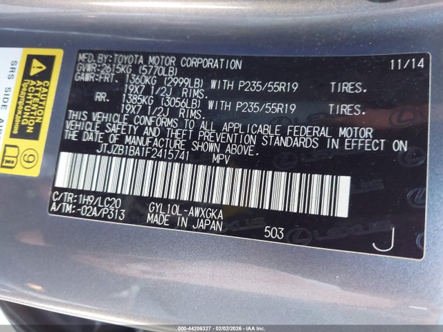 JTJZB1BA1F2415741 Lexus RX 450H
