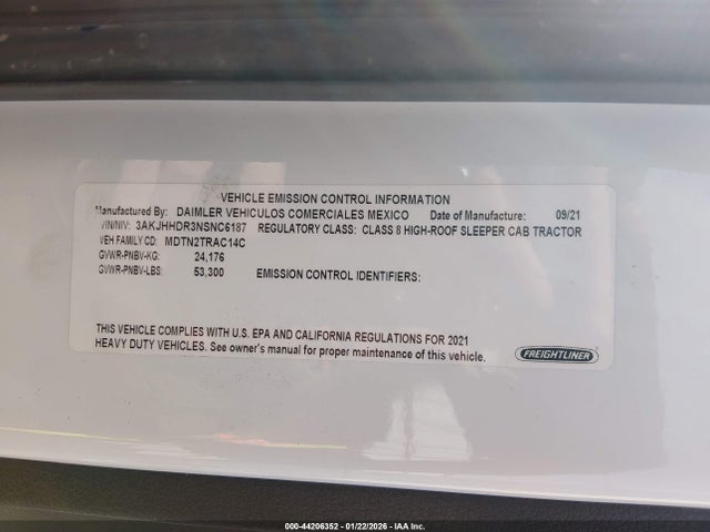 2022 Freightliner New Cascadia 126 მანქანა იყიდება აუქციონზე, vin: 3AKJHHDR3NSNC6187, აუქციონის ნომერი: 44206352