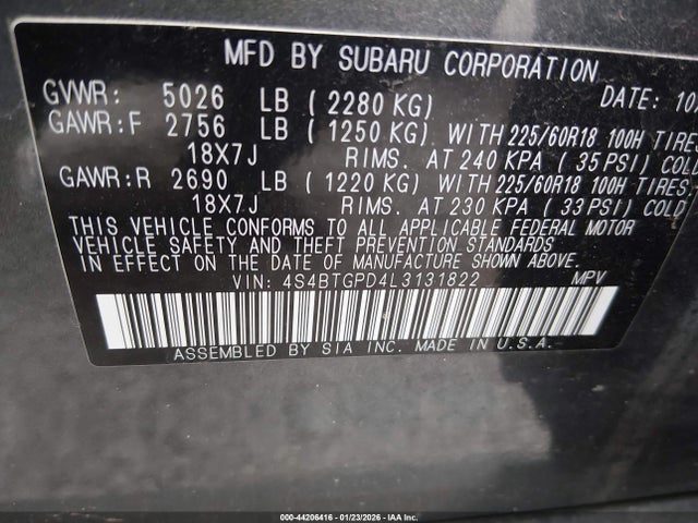 Продажа на аукционе авто 2020 Subaru Outback Touring Xt, vin: 4S4BTGPD4L3131822, номер лота: 44206416