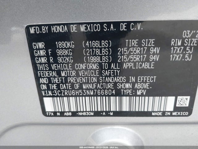 3CZRU6H53NM766804 Honda Hr-v Awd Ex