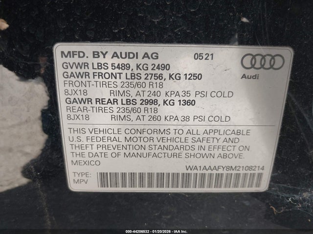 2021 AUDI Q5 WA1AAAFY8M2108214 Photo 8