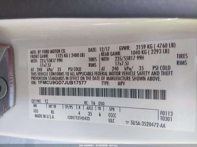 1FMCU9GD7JUB17577 Ford ESCAPE SE