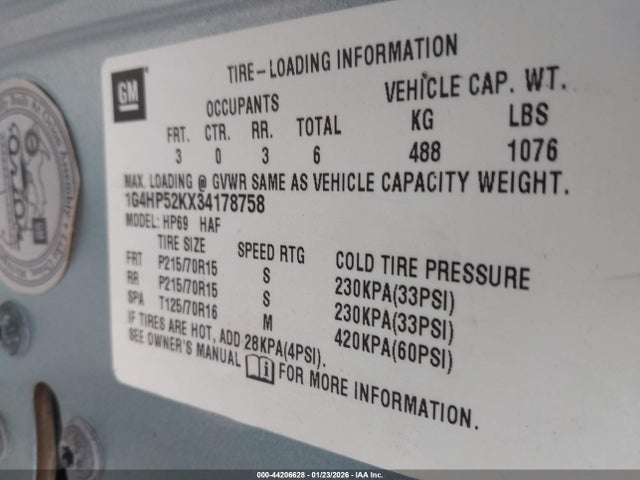 44206628 :رقم المزاد ، 1G4HP52KX34178758 vin ، 2003 Buick Lesabre Custom مزاد بيع