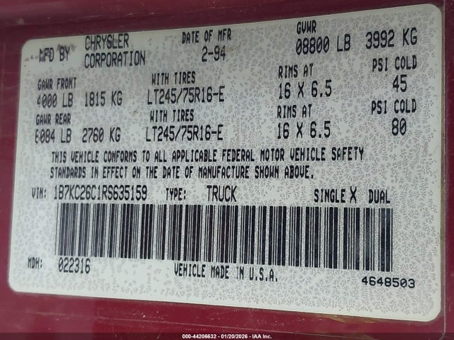 Aukcja sprzedaży 1994 Dodge Ram 2500, vin: 1B7KC26C1RS635159, numer aukcji: 44206632