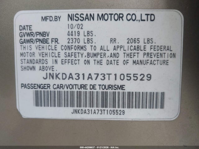 44206637 :رقم المزاد ، JNKDA31A73T105529 vin ، 2003 Infiniti I35 Luxury مزاد بيع