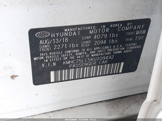 2019 Hyundai Ioniq Hybrid Sel მანქანა იყიდება აუქციონზე, vin: KMHC75LC5KU109492, აუქციონის ნომერი: 44206663