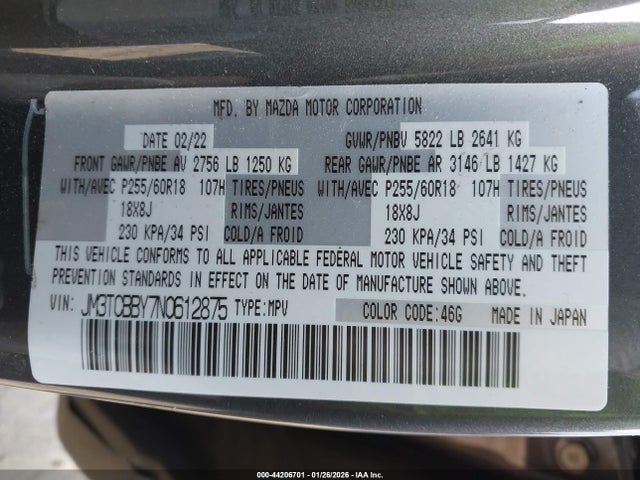 Aukcja sprzedaży 2022 Mazda Cx-9 Sport, vin: JM3TCBBY7N0612875, numer aukcji: 44206701