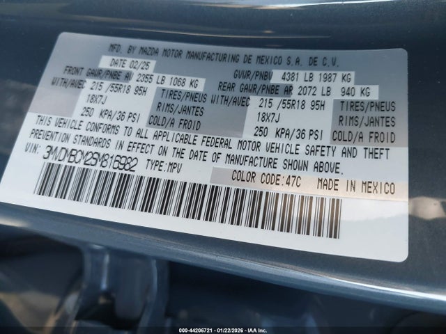 44206721 :رقم المزاد ، 3MVDMBCM2SM816982 vin ، 2025 Mazda Cx-30 2.5 S Carbon Edition مزاد بيع