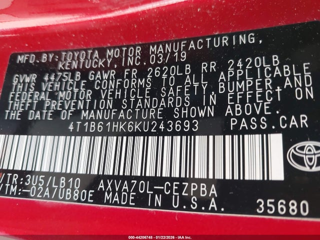 4T1B61HK6KU243693 Toyota CAMRY XSE