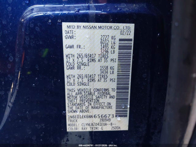 1N6ED1EK6NN656673 Nissan Frontier Sv 4x4