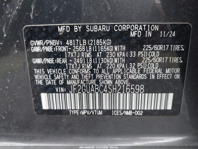 44206799 :رقم المزاد ، JF2GUABC4SH216598 vin ، 2025 Subaru Crosstrek مزاد بيع