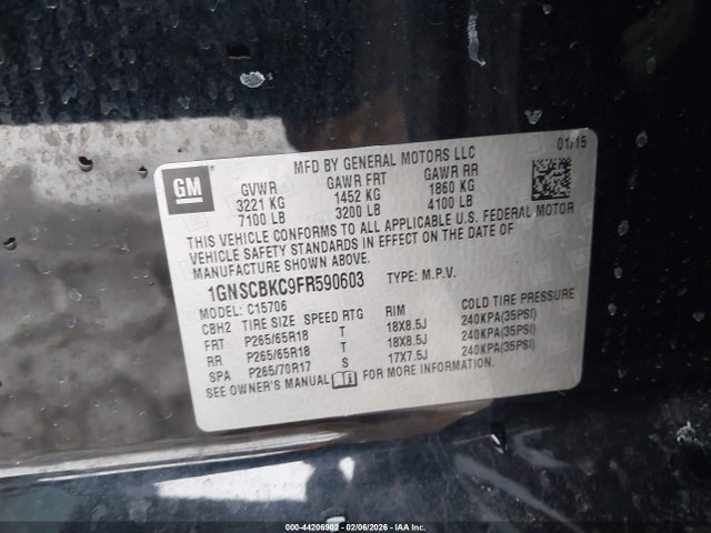 Продаж на аукціоні авто 2015 Chevrolet Tahoe Lt, vin: 1GNSCBKC9FR590603, номер лоту: 44206902