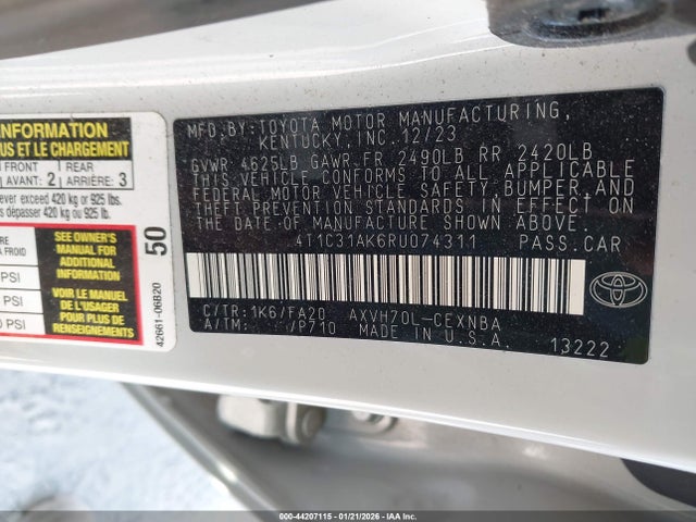Aukcja sprzedaży 2024 Toyota Camry Hybrid Le, vin: 4T1C31AK6RU074311, numer aukcji: 44207115