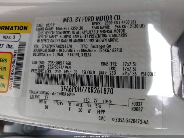 Ford FUSION SE 2019 3FA6P0H77KR261870 Image 9