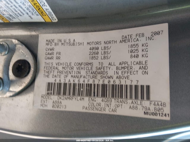 2007 MITSUBISHI ECLIPSE 4A3AK64F87E063177 Photo 8