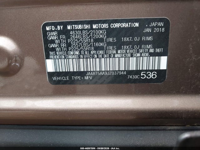 Aukcja sprzedaży 2018 Mitsubishi Eclipse Cross Se, vin: JA4AT5AA9JZ037944, numer aukcji: 44207211