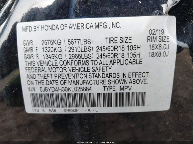 Auction sale of the 2019 Acura Mdx Standard, vin: 5J8YD4H30KL025884, lot number: 44207244
