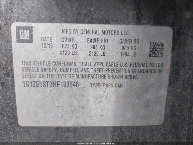 1G1ZE5ST3HF193646 Chevrolet MALIBU 1LT