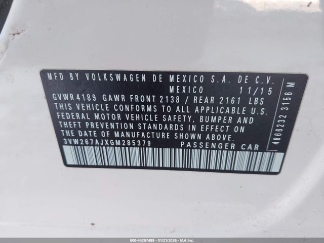 Продаж на аукціоні авто 2016 Volkswagen Jetta 1.4t S, vin: 3VW267AJXGM285379, номер лоту: 44207499