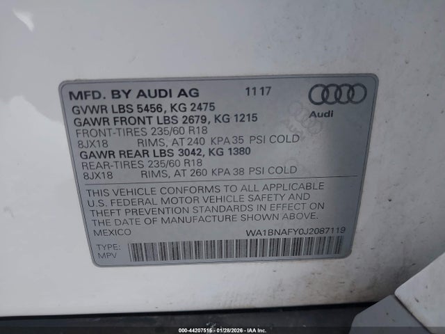 Продажа на аукционе авто 2018 Audi Q5 2.0t Premium/2.0t Tech Premium, vin: WA1BNAFY0J2087119, номер лота: 44207515