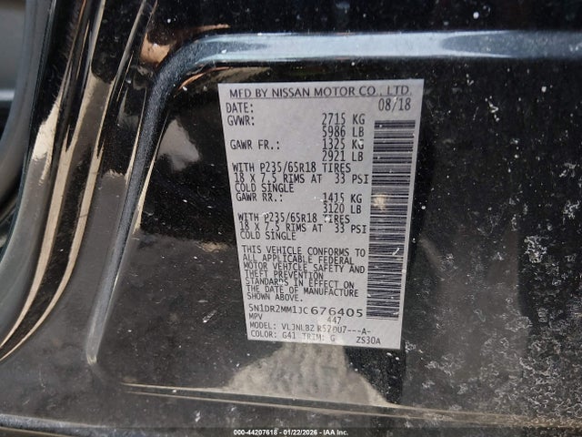 44207618 :رقم المزاد ، 5N1DR2MM1JC676405 vin ، 2018 Nissan Pathfinder S مزاد بيع