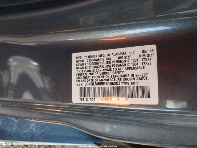 5FNRL5H65GB106203 Honda Odyssey Ex-l
