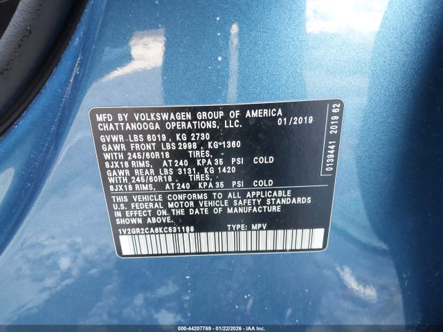 Aukcja sprzedaży 2019 Volkswagen Atlas 3.6l V6 S, vin: 1V2GR2CA6KC531188, numer aukcji: 44207769