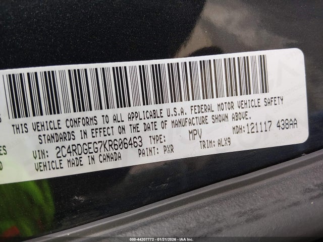 Продажа на аукционе авто 2019 Dodge Grand Caravan Gt, vin: 2C4RDGEG7KR606463, номер лота: 44207772