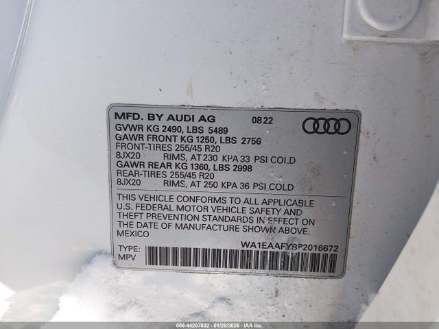 Продаж на аукціоні авто 2023 Audi Q5 Premium Plus 45 Tfsi S Line Quattro, vin: WA1EAAFY8P2016672, номер лоту: 44207832