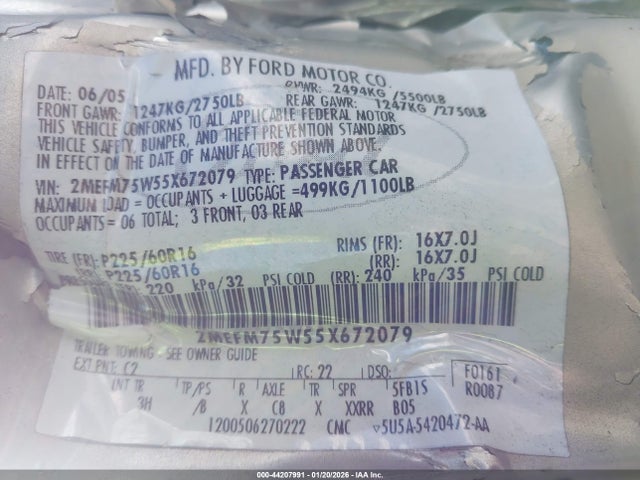 2005 MERCURY GRAND MARQUIS 2MEFM75W55X672079 Photo 8