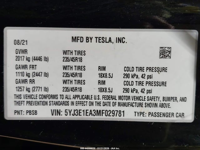 Продаж на аукціоні авто 2021 Tesla Model 3 Standard Range Plus Rear-wheel Drive, vin: 5YJ3E1EA3MF029781, номер лоту: 44208025