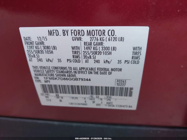 1FM5K7D86GGB79344 Ford EXPLORER XLT