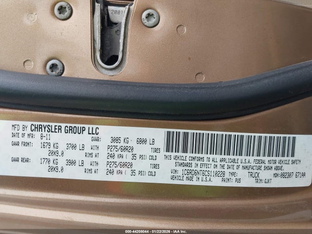 44208044 :رقم المزاد ، 1C6RD6NT6CS110228 vin ، 2012 Ram 1500 Laramie مزاد بيع
