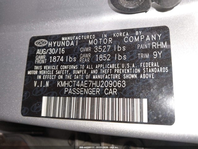 44208111 :رقم المزاد ، KMHCT4AE7HU209063 vin ، 2017 Hyundai Accent Se مزاد بيع