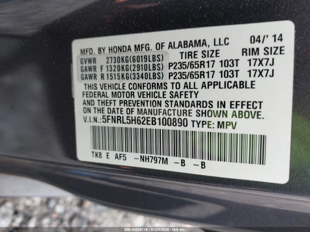 5FNRL5H62EB100890 Honda Odyssey Ex-l