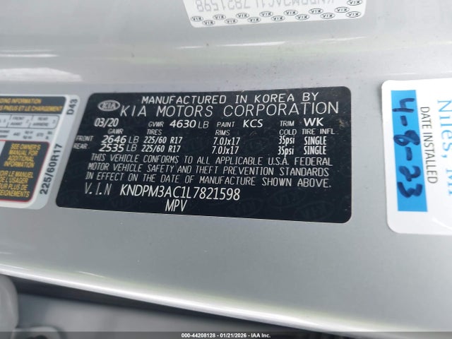 2020 Kia Sportage Lx მანქანა იყიდება აუქციონზე, vin: KNDPM3AC1L7821598, აუქციონის ნომერი: 44208128