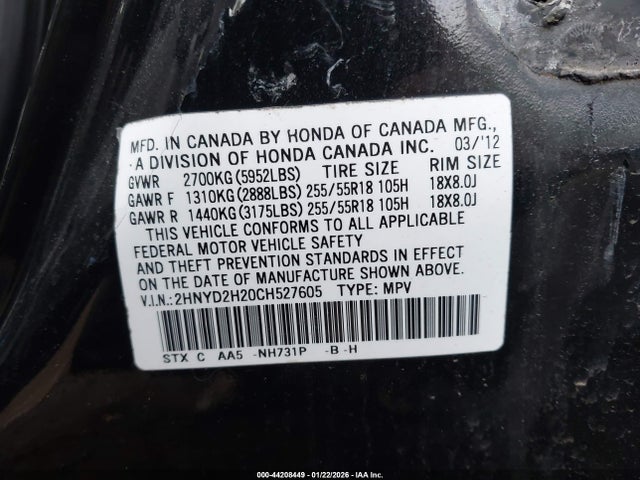 Продажа на аукционе авто 2012 Acura Mdx, vin: 2HNYD2H20CH527605, номер лота: 44208449