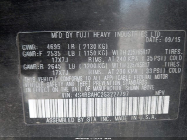 4S4BSAHC2G3227797 Subaru Outback 2.5i Premium