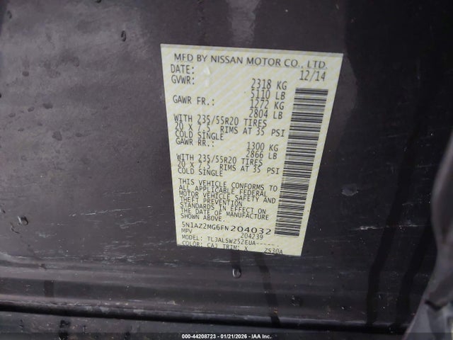 5N1AZ2MG6FN204032 Nissan Murano Platinum