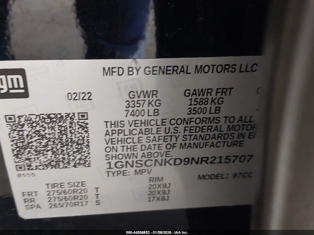 1GNSCNKD9NR215707 Chevrolet Tahoe 2wd Lt
