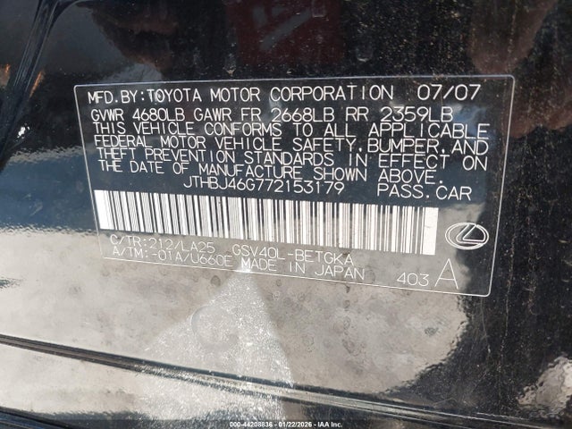 44208836 :رقم المزاد ، JTHBJ46G772153179 vin ، 2007 Lexus Es 350 مزاد بيع