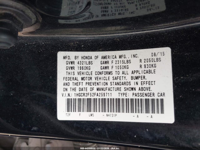 44208930 :رقم المزاد ، 1HGCR2F52FA259711 vin ، 2015 Honda Accord Sport مزاد بيع